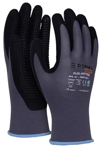 DONAU SAFETY Guantes de trabajo Flex-Dotted con tacos antideslizantes/Talla 11/XXL, 1 par/Gris-negro/Guantes de montaje mecánico/Recubiertos de nitrilo, ligeramente resistentes al aceite, nailon
