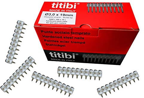 N. 1000 CHIODI TITIBI Ø3,0 X 19mm, COMPATIBILI 100% CON CHIODATRICE A GAS HILT : GX 3, GX 100, GX 100-E, GX 120, GX 120-E (Ø 3,0 X 19 mm)