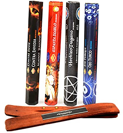Sac inciensos 4 cajetillas con 20 Varillas Cada una, contra Envidia, Espanta Diablo, Hechizo Pagano y Ojo Turco + Tablilla Aromasenses de Regalo