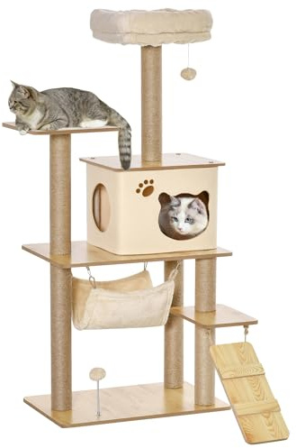 PawHut Árbol Rascador para Gatos 130 cm, Árbol para Gatos con 5 Plataformas, Hamaca, Escalera, Cueva, Postes de Yute, Bola Colgante, Beige