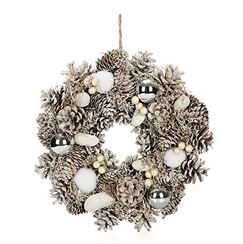 COM-FOUR® Türkranz für Weihnachten - weißer Adventskranz mit Christbaumkugeln - Dekokranz - Weihnachtsdeko - Tischkranz - Weihnachtskranz (weiß + silberfarbene Kugeln - 30cm)