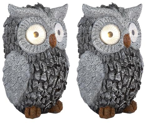 etc-shop Solar Eule Gartenskulptur für Außen Gartendeko Figur Skulptur grau Akku, Kunststoff, 2x LED 3000K, LxBxH 13,5x11,5x19,5 cm, 2er Set