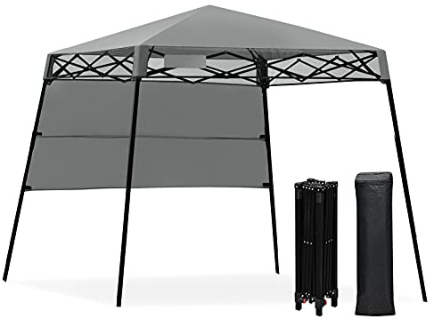 GOPLUS 1,8m x 1,8m hopfällbar paviljong, popup-paviljong med sidovägg och bärväska för solskydd, vindtätt och väderbeständigt partytält för camping, uteplats, strand och trädgård (grå)