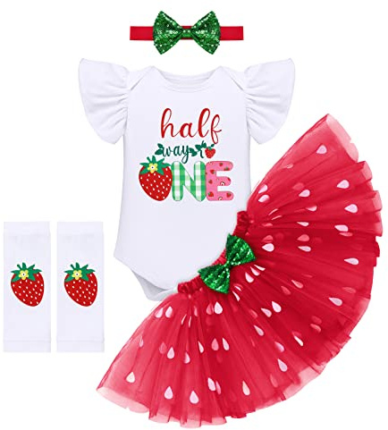 Berry Birthday Outfit Girl Half Way To One 1/2 6 Months Party Cake Smash Photo Shooting Props Strawberry Fruit Theme Romper Princess Tutu Skirt Crown Headband Leg Warmers Summer Clothes Red 6 Months