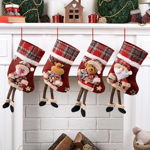 Golgner Weihnachtsstrumpfe 4 Stück, Nikolausstrumpf Set, Groß Nikolausstiefel, Langbeinige Puppen Nikolaussocke zum Befüllen & Aufhängen Weihnachtsdeko, für Wand Treppe Weihnachtsbaum, 30CM