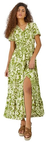 Roman Originals Shirred Empire Waist Dress for Women UK Ladies Midi Maxi Summer Spring Tiered Frill Hem Short Sleeve V Neck Button Through Boho Bohemian Holiday Cruise - Lime - Size 20