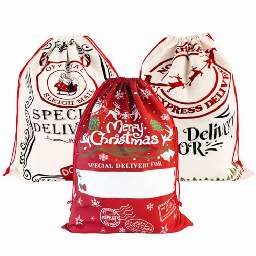 CNMTCCO 3 Bolsas de - Saco de Lona de Papá Noel con Cordón 70 x 50 cm - Para Fiestas, Embalaje Navideño o Almacenamiento de Regalos Grandes