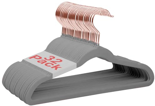Wellong Grucce in velluto per bambini, 35,5 cm, antiscivolo, per camicie, pantaloni, gonne, abiti, giacche, cappotti, confezione da 32 pezzi, grigio, gancio oro rosa