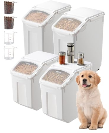 VEVOR Conteneur de Stockage de Riz 4PCs 2x15 L et 2x20 L, Boîte de Conservation Alimentaire Hermétique, Bac à Céréales avec Roues et Tasse à Mesurer, Rangement pour Nourritures d’Animaux de Compagnie