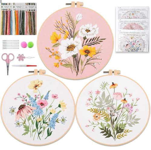 Aucuu Kit di 3 Ricamo Starter, Set da Ricamo, con 3 Tele da Ricamo con Motivi, Fili, 3 Istruzioni su Carta, 6 Aghi, 3 Telaio, Altri Accessori e Tutorial Video, per Principianti,Adulti e Bambini
