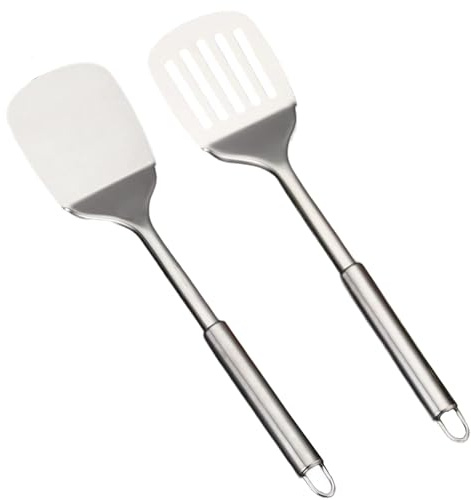 Spatelset i rostfritt stål för wok, köksspatel i rostfritt stål, 34,5 cm, silverfärg, robust köksspatel med hög värmebeständighet, matlagningsspatel för