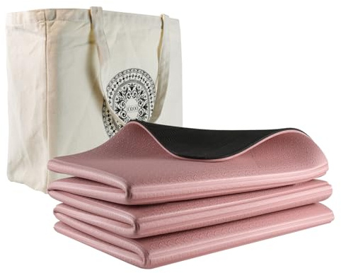 iodoo Foldable Yoga Mat 72 L x 32 W Extra Thicked and 8mm Wided with Canvas Bag, Folding Yoga Mat for Travel with Canvas Carrying Bag, Non-Slip TPE Exercise Pilates Mat (Black-pink)