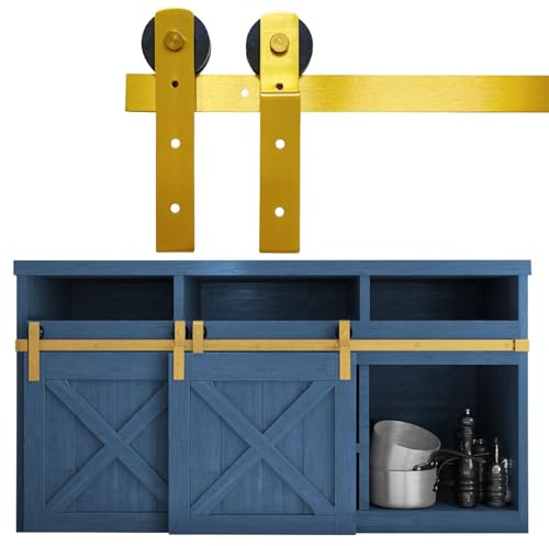 Rio Salto Brushed Gold 2-Door 60in Mini Bypass Barn Door Hardware Kit Solid Metal Sliding Barn Door Track System Mini Cabinet Bipass Furniture Hardware Kit Single Track