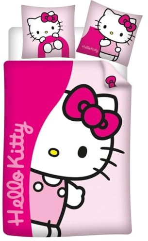 Aymax Parure da letto Hello Kitty in flanella, 100% cotone, copripiumino reversibile 140 x 200 cm + federa 65 x 65 cm