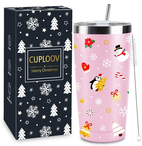 Christmas Gifts for Women 2025, 20 oz Pink Stainless Steel Christmas Coffee Tumblers with Lid and Straw, Insulated Coffee Travel Mug, Best Xmas Themed Gifts for Women Men Girls Teachers Coworkers