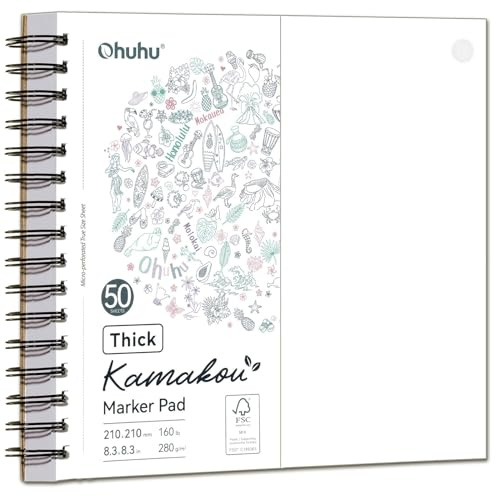 Ohuhu Carnet de Dessin Sans transparence – Papier Extra Épais 280 g/m² Amélioré – 50 Feuilles (100 Pages) Utilisables Recto Verso – Reliure Spirale – Pour Marqueurs à Alcool, Carré 21x21 cm