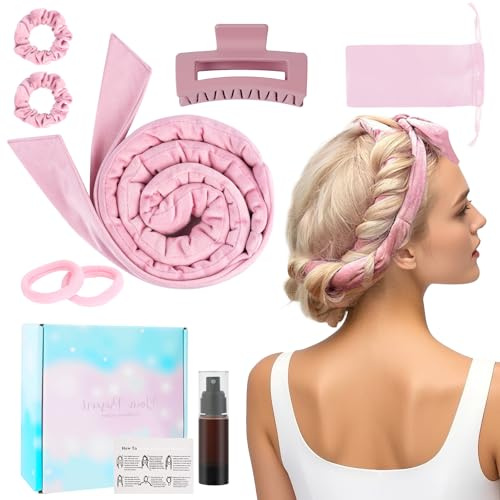 BUTBU Bigodino per Boccoli, Bigodina Fascia Capelli, Fascia Bigodino Kit Fai da Te, Senza Calore, Con Fermagliper Capelli, Morbido, per Salon Barber, Capeli Medi Lunghi- Rosa