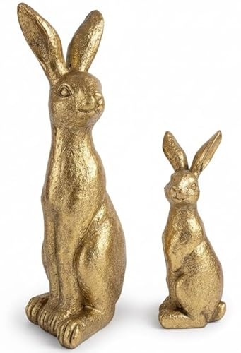 khevga Set di 2 decorazioni pasquali a forma di coniglio in oro – Figure decorative pasquali in poliresina, conigli decorativi lucidi moderni, decorazione da tavolo di Pasqua 22 cm & 13 cm di altezza