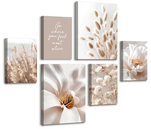 6pcs Cadre en Bois Impression sur Toile Fleurs Beige Neutre Tableau Affiche Decoration Murale Herbe de Pampa Bohème Peinture Floral Minimalistes Tableau Decoration Murale Salon 30x40 cm x2+20x30 cm x4