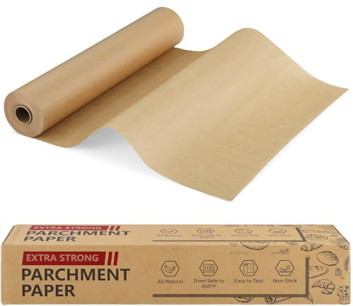 Dntorx Baking Paper Roll 38CM x 75M Brown Unbleached Parchment Paper with Built-in Cutter, Non-Stick Greaseproof for Baking, Cooking, Freezing, Steaming, Grilling for Air Fryer, Oven, Pastry, Freezer