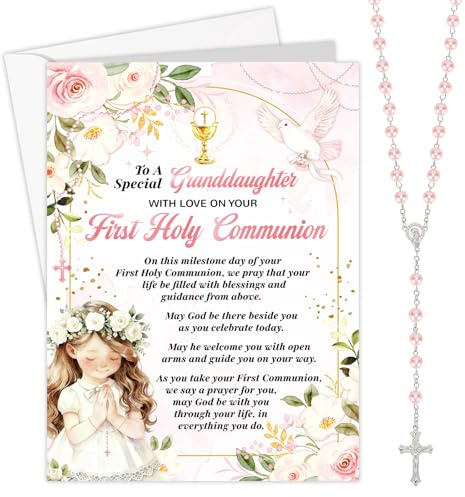 HOWAF First Holy Communion Card for Granddaughter, Congratulations Card & Rosary Beads Catholic Pearl Cross Necklace for 1st Holy Communion Gifts for Granddaughter