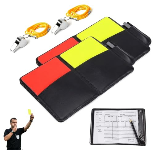 Kit de Árbitro de Fútbol con 4Tarjetas Roja y Amarilla, 2 Silbatos de Metal, 2 Lápiz y Cuaderno, Accesorios de Arbitraje Deportivo Profesional