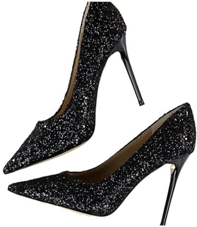 DASJKDI Escarpins à talons aiguilles ultra hauts for femmes, bout pointu, tige basse, tissu scintillant, doublure en PU pour Mariage et Bal de(Black,37)