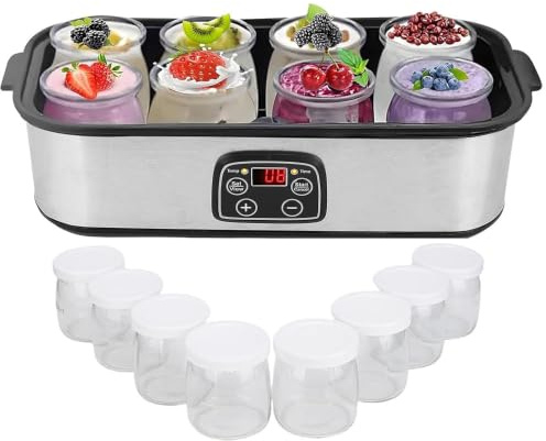 Elektrisk Yoghurtmaskin i Rostfritt stål med 8 Glasburkar, LED-display, Justerbar Temperatur och Timer, för att göra Ekologisk natto