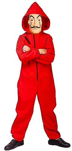 Kit costume completo La casa di carta, tuta con cappuccio rosso per bambini (6-10 anni / 140cm) e maschera ufficiale di Dalì per festa, da ladro e rapinatore, OriginalCup®