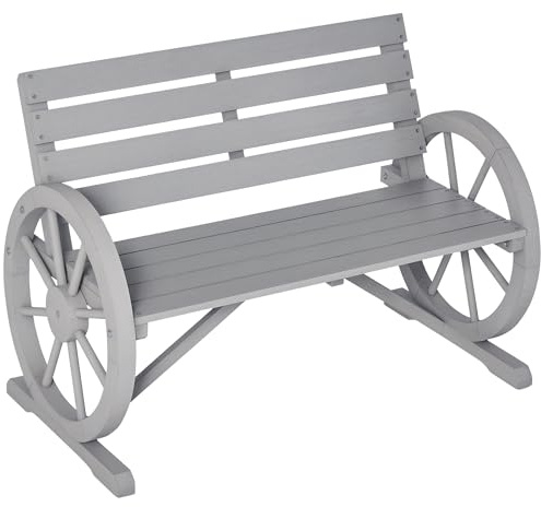 Outsunny 2 Seater Garden Bench Outdoor Garden Armrest Chair with Wooden Cart Wagon Wheel Rustic High Back Grey