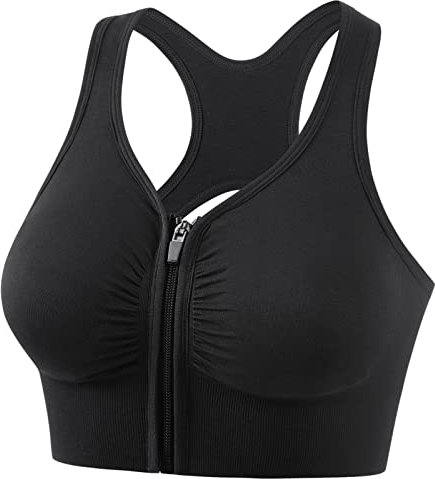Arqumi Women Sports Bra, Breathable Padded Zip Front Fastening with Removable Pads for Running Workout Fitness Yoga Bra, L Black
