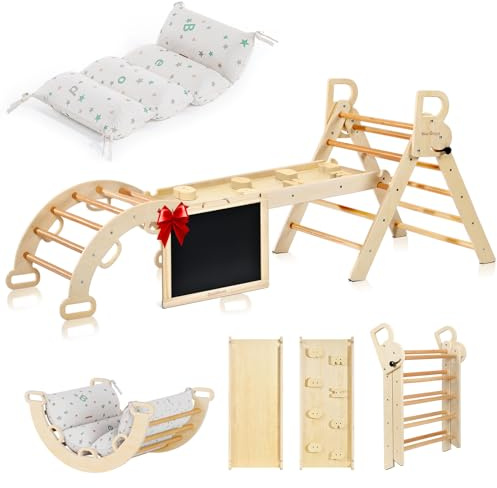 BlueWood Pikler Triangle Set with Cushion, 8-in-1 Foldable Wooden Toddler Climbing Toys Indoor Playground Jungle Gym Montessori Philosophy Climber for 2-6 Years Old, Baby, Kids (Natural Wood)