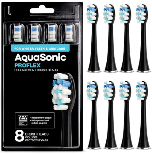 AquaSonic Genuine Proflex Replacement Brush Heads | ADA Accepted | for Whiter Teeth & Gum Care | Compatible with Many AquaSonic Toothbrush Handles (8 Pack Black)
