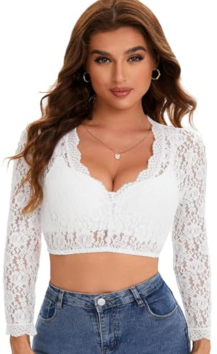 Adisno Dirndl Bluse, Camicia Dirndl Donna, Camicia Bavarese Donna,Dirndl Blouse, Scollatura a V,Bianco (IT, Numero, 44, Regular, Regular, Bianco)