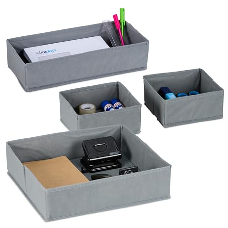 Relaxdays Lådor Organizer fleece, 4 delar Organisationssystem skrivbord, 3 storlekar, lådinsats, separationslåda, grå