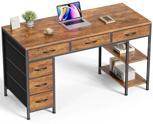 Huuger Computer Desk with 6 Drawers, Office Desk with Shelves, Reversible Gaming Desk, Corner Desk with Storage, Work for Home Office, Study, Living Room, 47inch, Rustic Brown