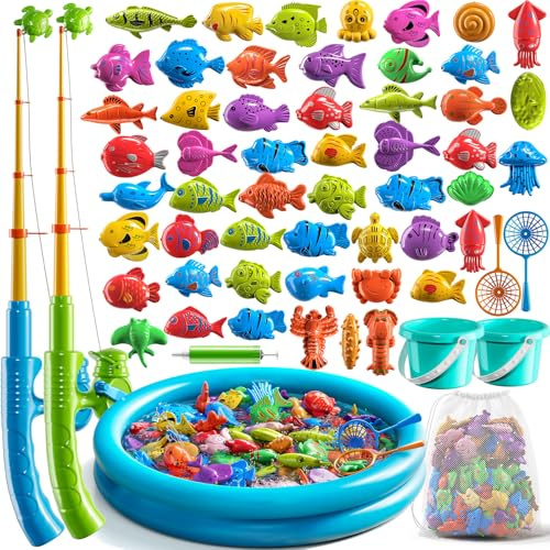 NIPLOOOW Pool Fishing Toys Games, Water Table Bathtub Toy with Inflatable Pool Pole Rod Net Plastic Floating Fish, Birthday Gifts for Kids Age 3 4 5 6 Year Old,Kids Outdoor Toys