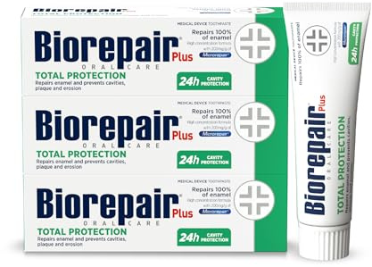 BIOREPAIR Plus Total Protection - Fluoride Free Hydroxyapatite Toothpaste, Repairs Enamel & Prevents Cavities Plaque and Erosion, Toothpaste for Sensitive Teeth - Oral Care, 3x75ml, Made in Italy