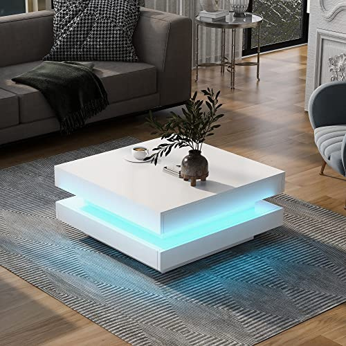 Merax Table basse de salon Blanc brillant, table d'appoint carrée avec éclairage LED, Table basse moderne pour salon bureau réception, commande Bluetooth, 70x70x36cm