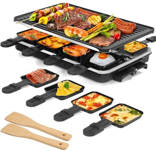 Raclette Grill, 2 I 1 Elektrisk Grill För Inomhusbruk Med 8 Racletteostpannor Och 2 Träspadar, Justerbar Temperaturkontroll 1300w, Nonstick Grill För Familj Och Fest