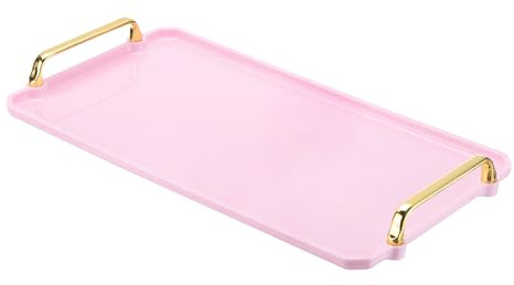 PATIKIL 16.1 x 8.7 Inches Plastic Serving Tray with Golden Handles, Reusable Tray Rectangular Party Platters for Dessert Coffee Tea Table, Living Room Kitchen Countertop, Pink