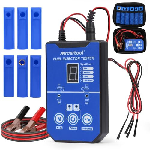 MRCARTOOL Kfz Kraftstoff-Einspritzdüsen-Prüfgerät 12V Fuel Injector Tester mit 6 Düsen für 5V 12V EFI GDI Einspritzdüsen 8 Impuls-Modi Injektor Prufgerat Injektoren Reinigungsset, Dual Power,1M Kabel