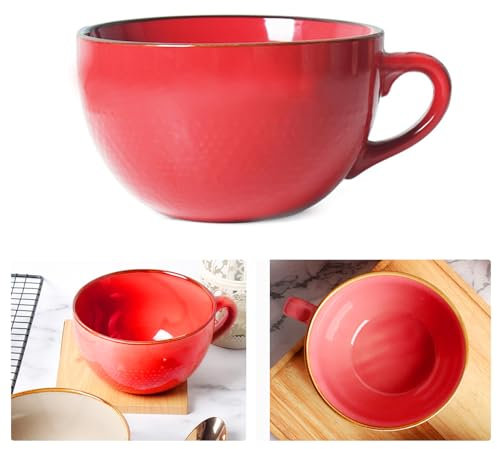 Inscrip Taza de café grande, XXL, de cerámica, 700 ml, tazas de sopa con asa, tazas grandes, taza de café grande, taza de té de café, cereales, sopas, cuencos de porcelana con asa (rojo)