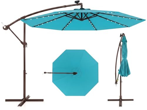 COSTWAY Sombrilla Terraza Exterior 3x3, Parasol Excentrico con 40 Luces LED Solar, Base Cruzada, Ajuste de Inclinación y Manivela, Sombriila Jardin Terraza Balcón Patio (Verde)
