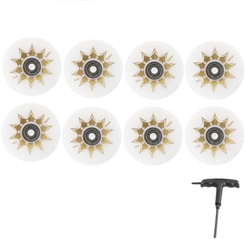 JCCHT Roues de Roller en Ligne 64 mm, 68 mm, 70 mm, 72 mm, 76 mm, 80 mm, PU 90A, Freins pour Patins à Une rangée, Lot de 8, avec roulements et Outils,Blanc,70mm