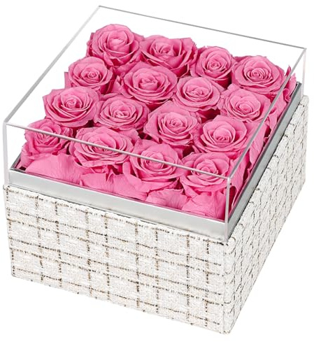 16 Rose Stabilizzate, Rose Rosa Eternally Forever in Scatola di Acrilico, Regali di Fiori per Lei Donna Moglie Fidanzata per Compleanno, Anniversario, San Valentino, Natale