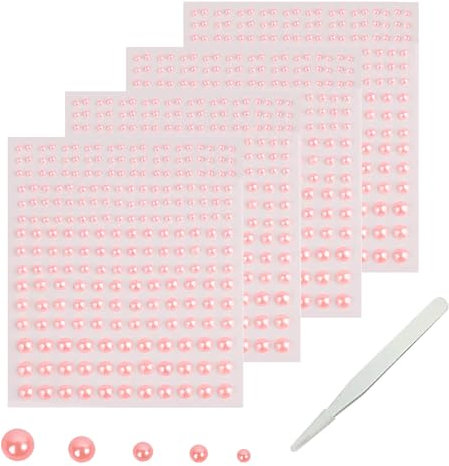 SHUBEIEUMI 900 Stück Perlen Sticker, Selbstklebende Halbperlen, 2/3/4/5/6mm Selbstklebende Perlen Aufkleber mit Pick-up-Pinzette für Maniküre, Make up, DIY Handwerk-Rosa
