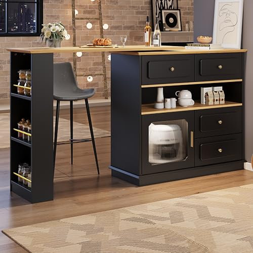 Kebnor Ausziehbarer Bartisch mit Stauraum, 360° drehbare Essbar,Moderner Beweglicher Bar Table,Hochtisch Kücheninsel Bistro Table, Sideboardschrank mit Regalen und Glas,(125-181×39×104.5cm) (Schwarz)