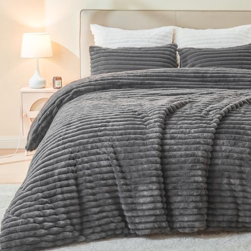 EMME Ropa de cama de felpa a rayas 220 x 240 cm - Ropa de cama de invierno de piel de conejo de imitación r, lujosa funda nórdica suave con cremallera y 2 fundas de almohada de 80 x 80 cm, gris oscuro