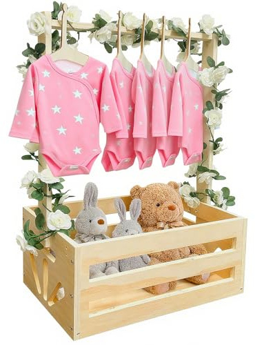 Panier cadeau en bois pour bébé avec poignée, armoire de fête prénatale avec cintre et guirlande, panier à linge pour nouveau-né, panier de rangement, panier cadeau pour baby shower, femmes enceintes